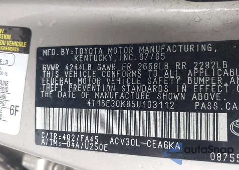 2005 Toyota Camry Xle из США, поврежденный, VIN 4T1BE30K85U103112